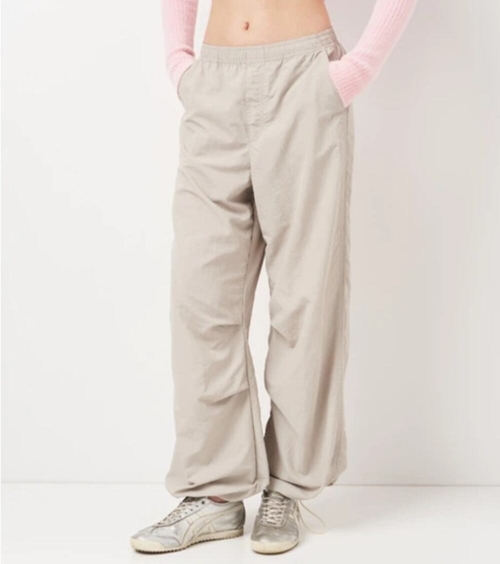 Zara Parachute Pants Womens L Beige Cargo Drawstring Elastic Y2K